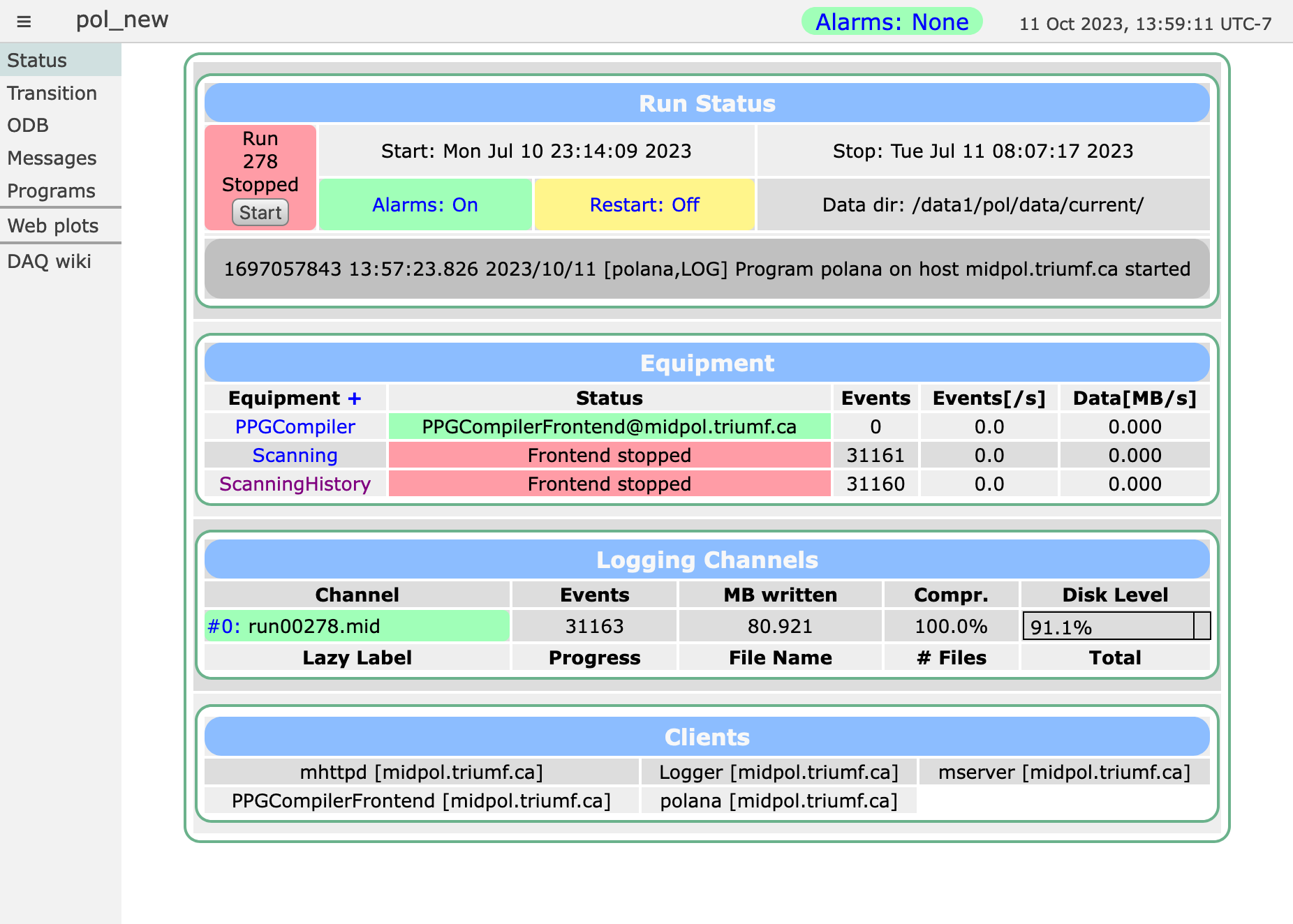 Main status page of pol experiment